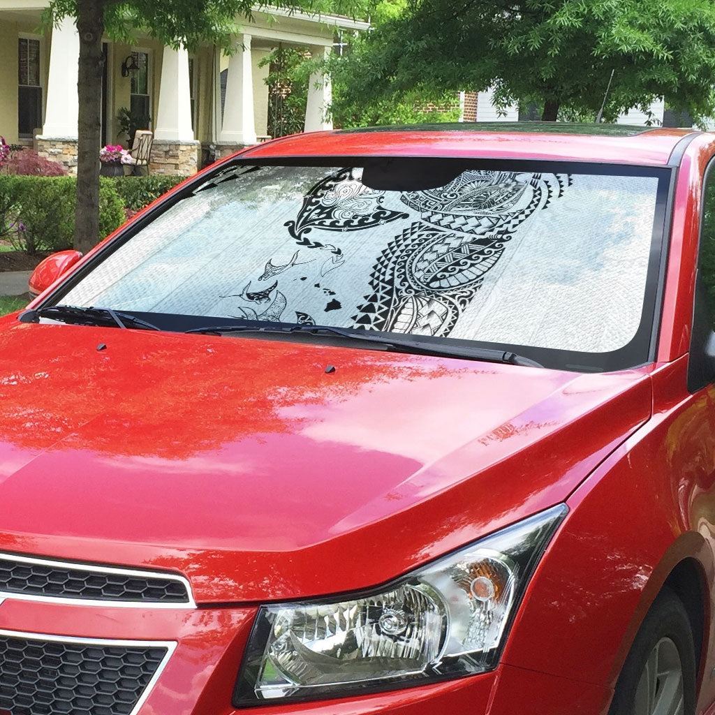 Hawaiian Manta Ray Tribal Auto Sun Shade Polynesian Art Motifs White Color