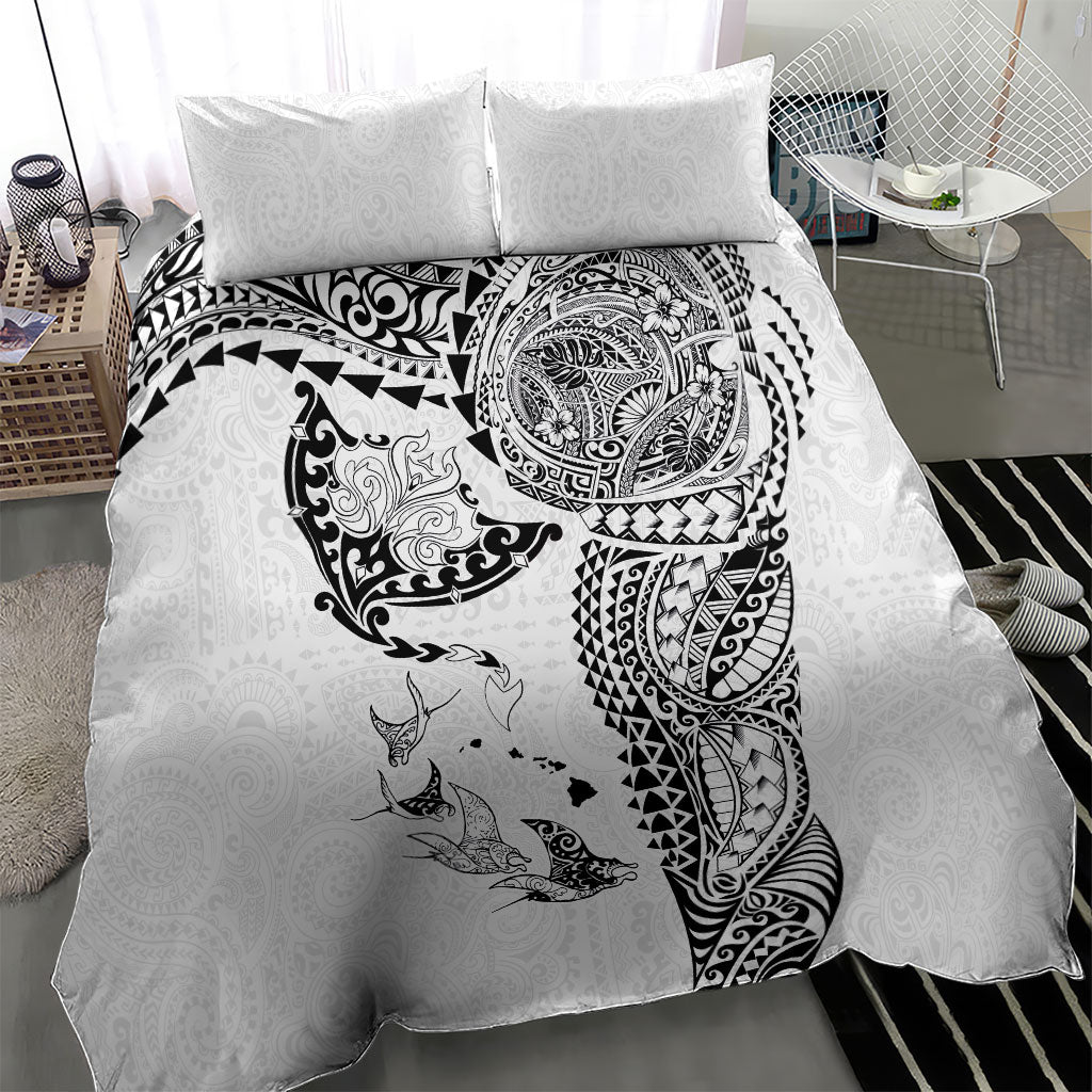 Hawaiian Manta Ray Tribal Bedding Set Polynesian Art Motifs White Color