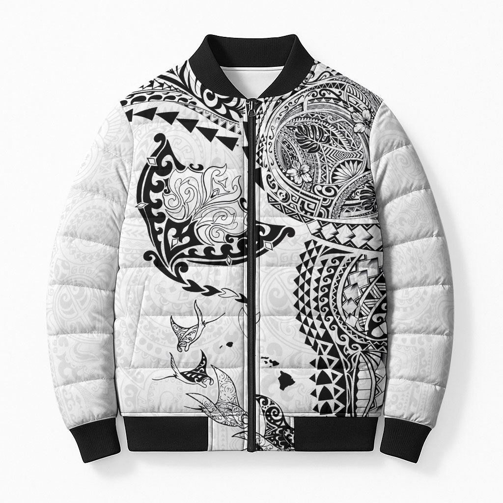 Hawaiian Manta Ray Tribal Bomber Puffer Jacket Polynesian Art Motifs White Color
