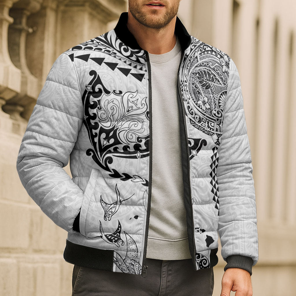 Hawaiian Manta Ray Tribal Bomber Puffer Jacket Polynesian Art Motifs White Color