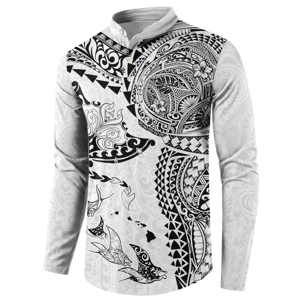 Hawaiian Manta Ray Tribal Button Sweatshirt Polynesian Art Motifs White Color