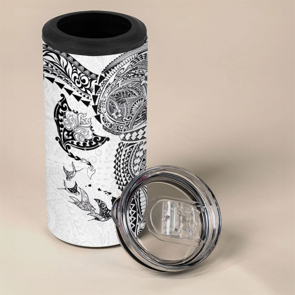 Hawaiian Manta Ray Tribal 4 in 1 Can Cooler Tumbler Polynesian Art Motifs White Color