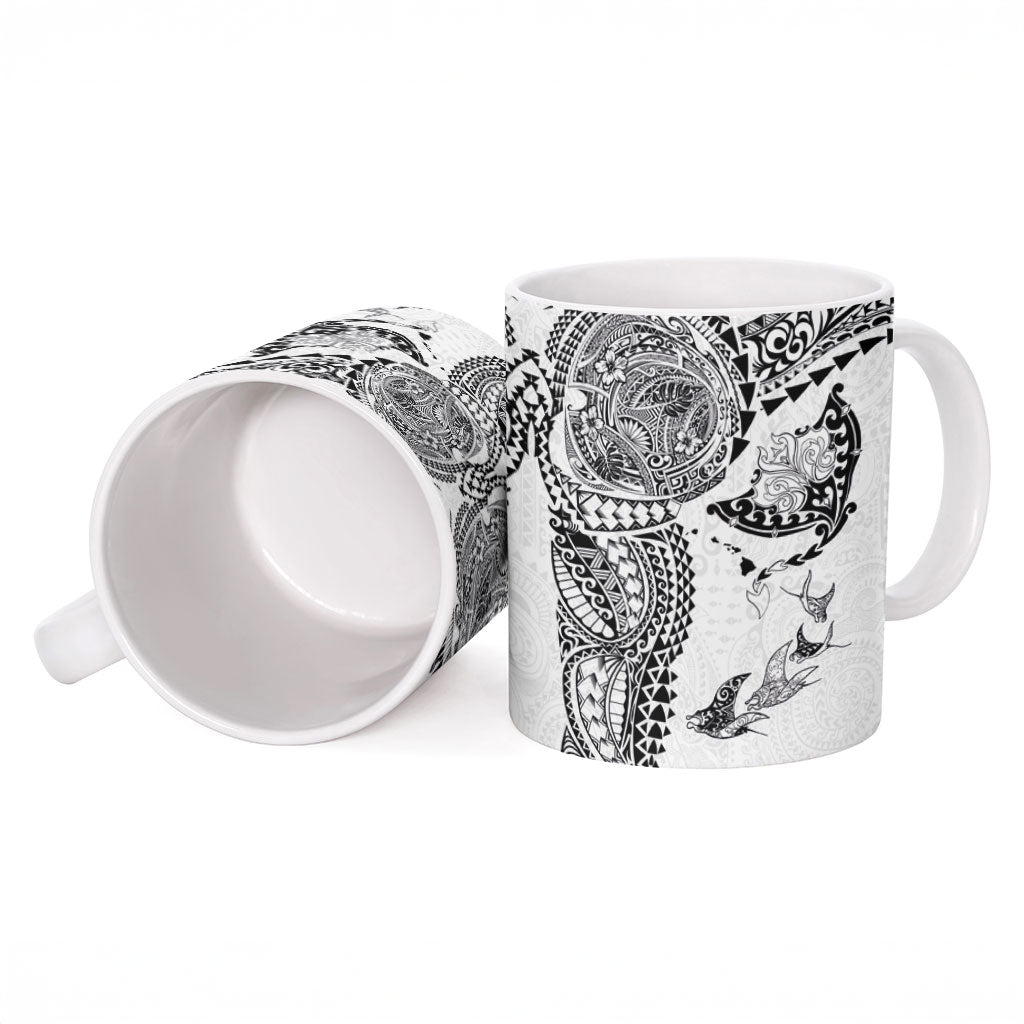Hawaiian Manta Ray Tribal Ceramic Mug Polynesian Art Motifs White Color