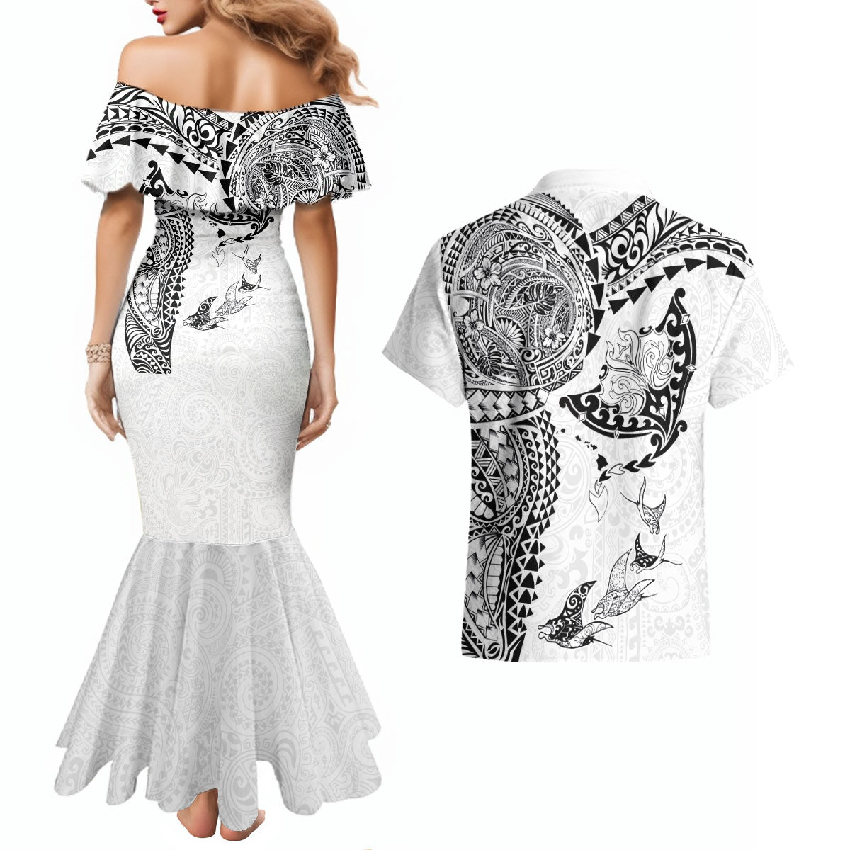 Hawaiian Manta Ray Tribal Couples Matching Mermaid Dress and Hawaiian Shirt Polynesian Art Motifs White Color LT03 - Polynesian Pride