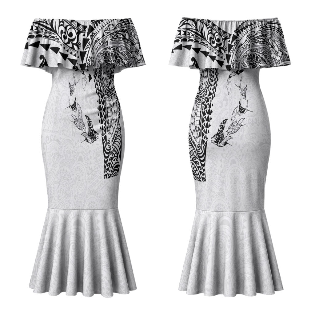 Hawaiian Manta Ray Tribal Couples Matching Mermaid Dress and Hawaiian Shirt Polynesian Art Motifs White Color LT03 - Polynesian Pride