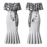 Hawaiian Manta Ray Tribal Couples Matching Mermaid Dress and Hawaiian Shirt Polynesian Art Motifs White Color LT03 - Polynesian Pride