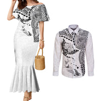 Hawaiian Manta Ray Tribal Couples Matching Mermaid Dress and Long Sleeve Button Shirt Polynesian Art Motifs White Color LT03 White - Polynesian Pride