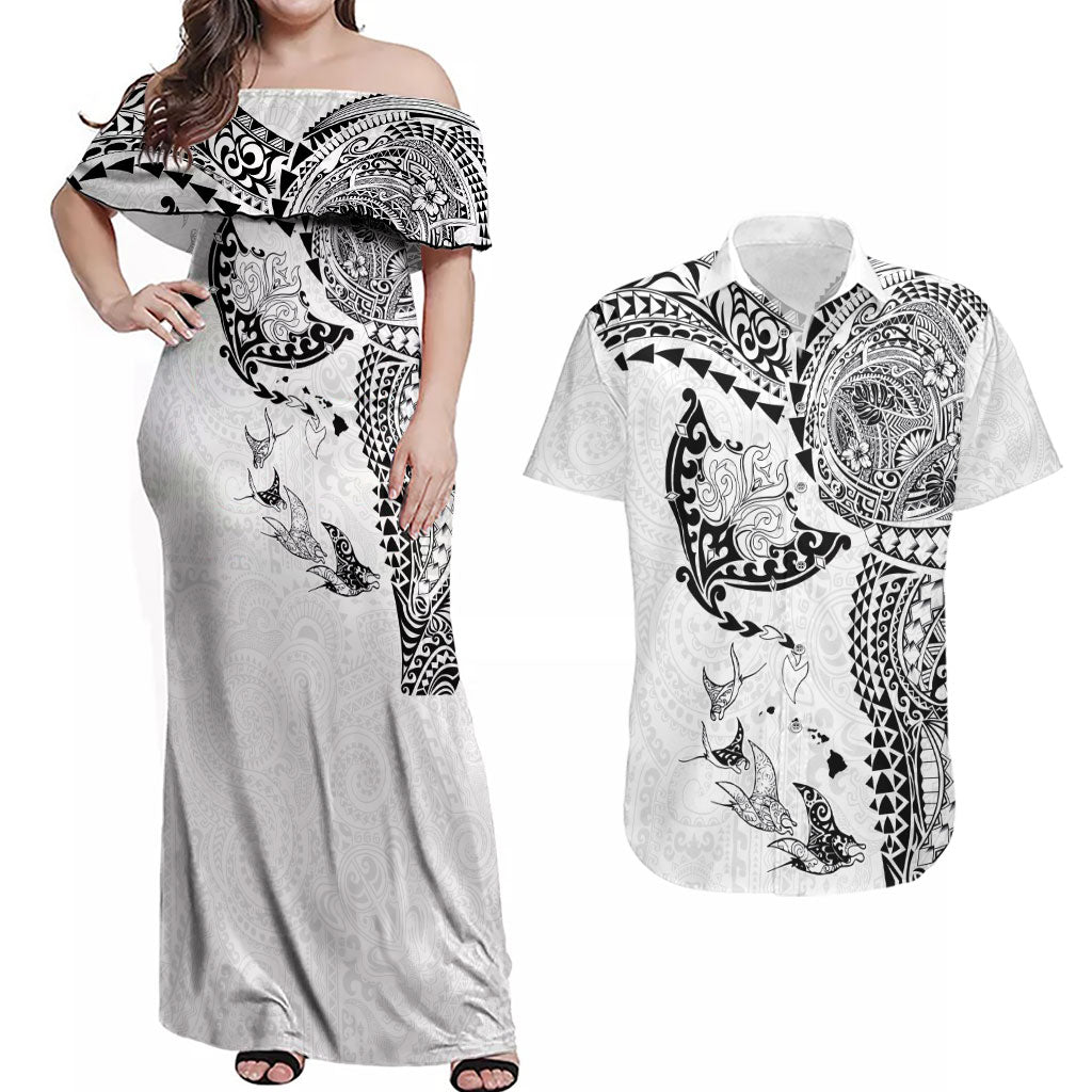 Hawaiian Manta Ray Tribal Couples Matching Off Shoulder Maxi Dress and Hawaiian Shirt Polynesian Art Motifs White Color LT03 White - Polynesian Pride