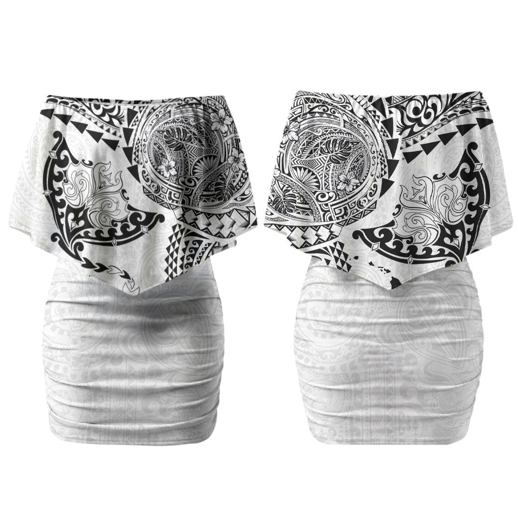 Hawaiian Manta Ray Tribal Couples Matching Off Shoulder Short Dress and Long Sleeve Button Shirt Polynesian Art Motifs White Color LT03 - Polynesian Pride