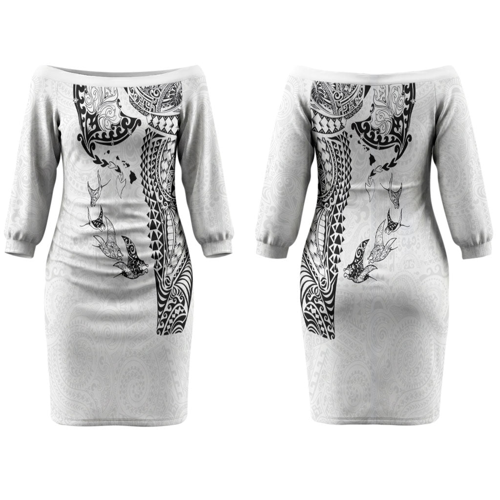 Hawaiian Manta Ray Tribal Couples Matching Off The Shoulder Long Sleeve Dress and Long Sleeve Button Shirt Polynesian Art Motifs White Color LT03 - Polynesian Pride