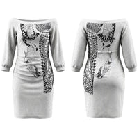Hawaiian Manta Ray Tribal Couples Matching Off The Shoulder Long Sleeve Dress and Long Sleeve Button Shirt Polynesian Art Motifs White Color LT03 - Polynesian Pride