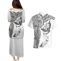 Hawaiian Manta Ray Tribal Couples Matching Puletasi and Hawaiian Shirt Polynesian Art Motifs White Color LT03 - Polynesian Pride