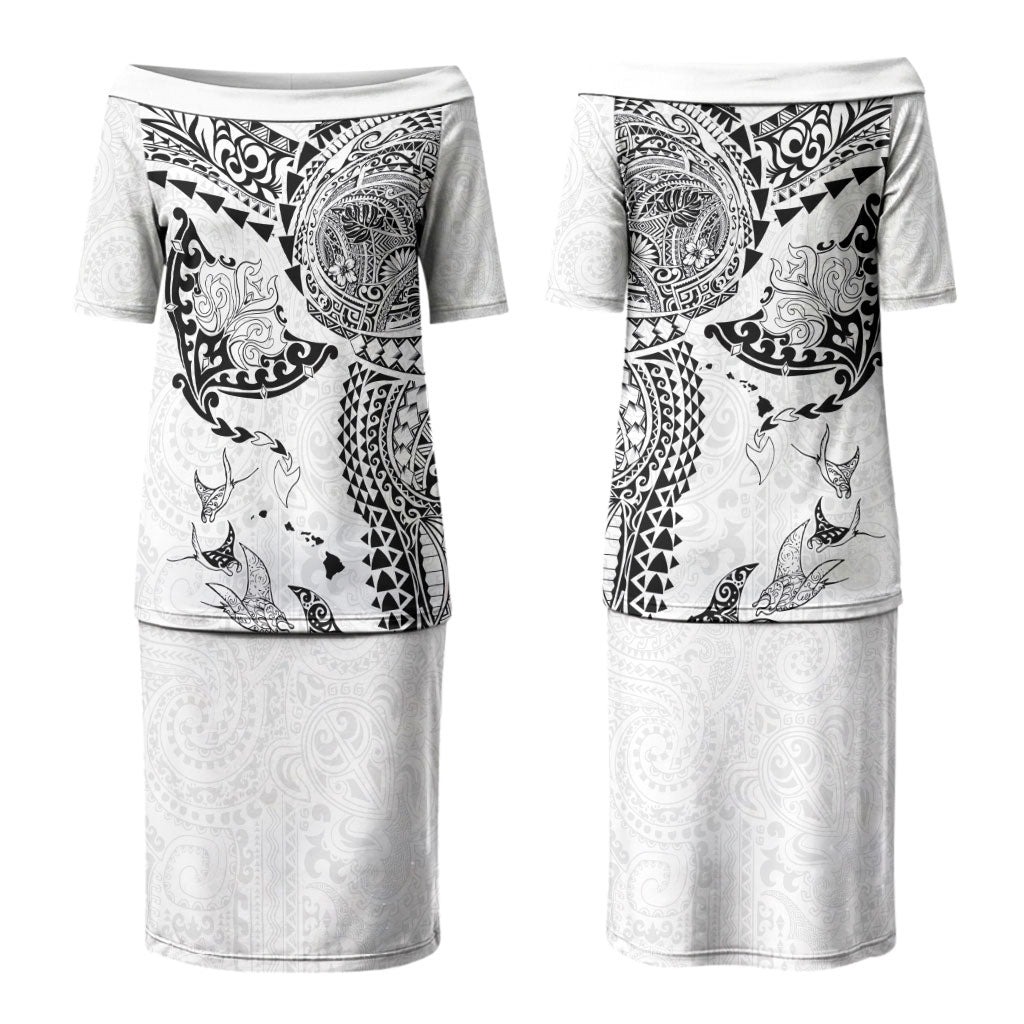 Hawaiian Manta Ray Tribal Couples Matching Puletasi and Long Sleeve Button Shirt Polynesian Art Motifs White Color LT03 - Polynesian Pride