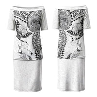 Hawaiian Manta Ray Tribal Couples Matching Puletasi and Long Sleeve Button Shirt Polynesian Art Motifs White Color LT03 - Polynesian Pride