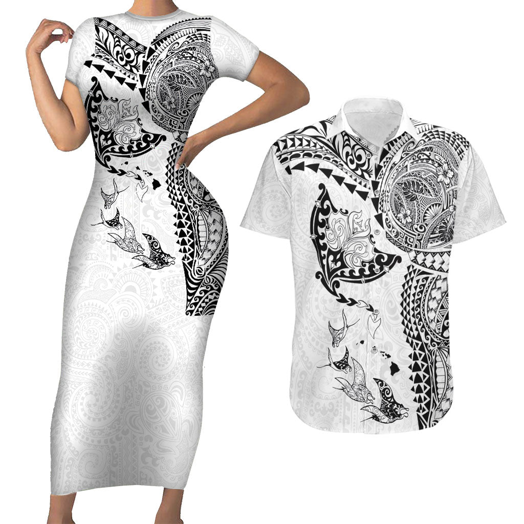 Hawaiian Manta Ray Tribal Couples Matching Short Sleeve Bodycon Dress and Hawaiian Shirt Polynesian Art Motifs White Color LT03 White - Polynesian Pride