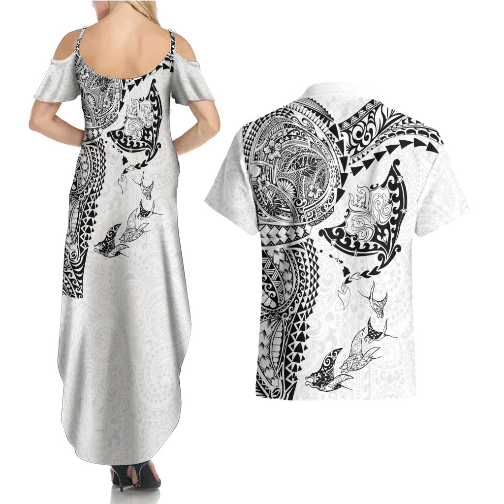 Hawaiian Manta Ray Tribal Couples Matching Summer Maxi Dress and Hawaiian Shirt Polynesian Art Motifs White Color LT03 - Polynesian Pride