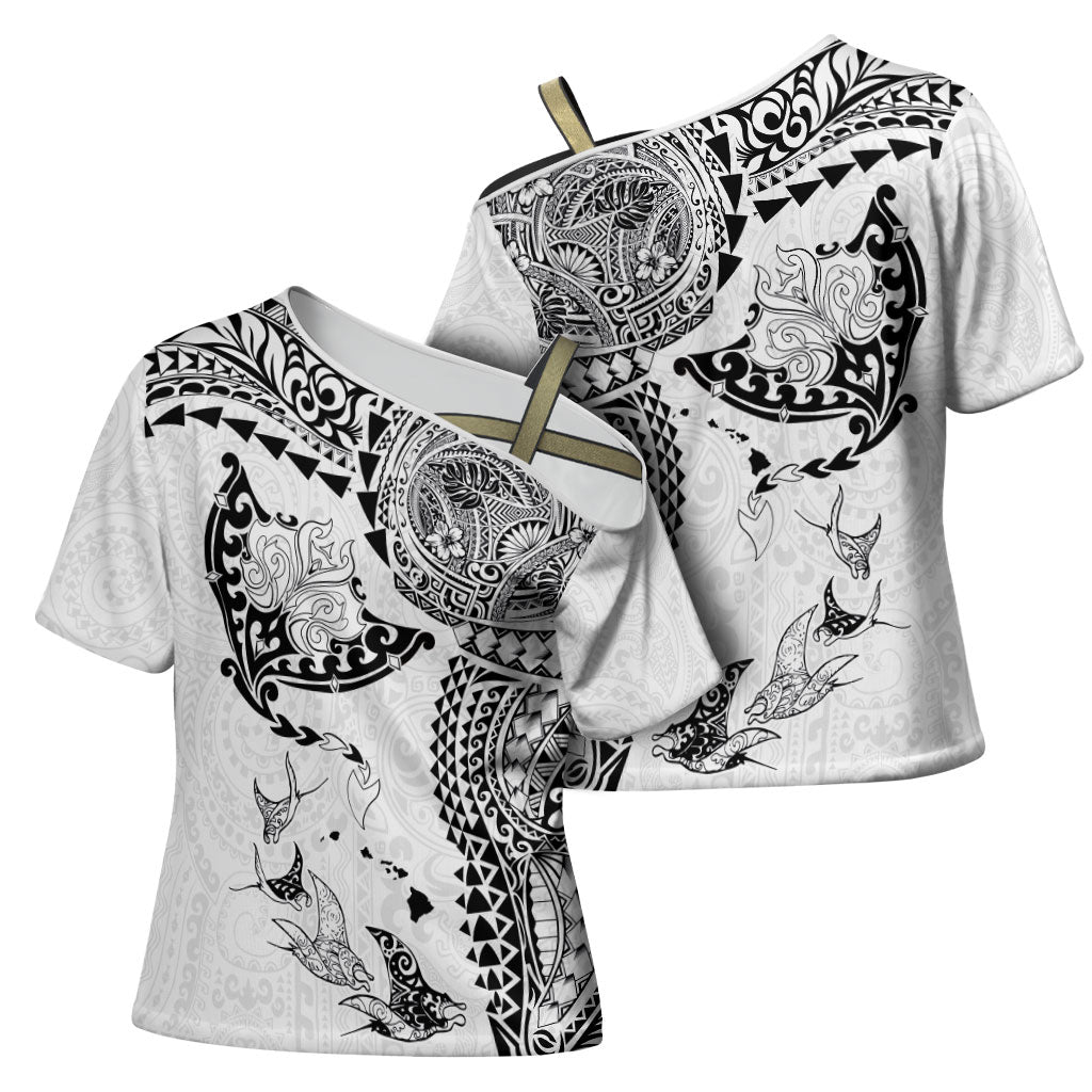 Hawaiian Manta Ray Tribal Cross Shoulder Shirt Polynesian Art Motifs White Color