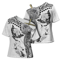 Hawaiian Manta Ray Tribal Cross Shoulder Shirt Polynesian Art Motifs White Color