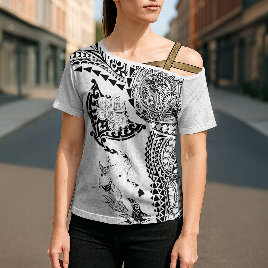 Hawaiian Manta Ray Tribal Cross Shoulder Shirt Polynesian Art Motifs White Color