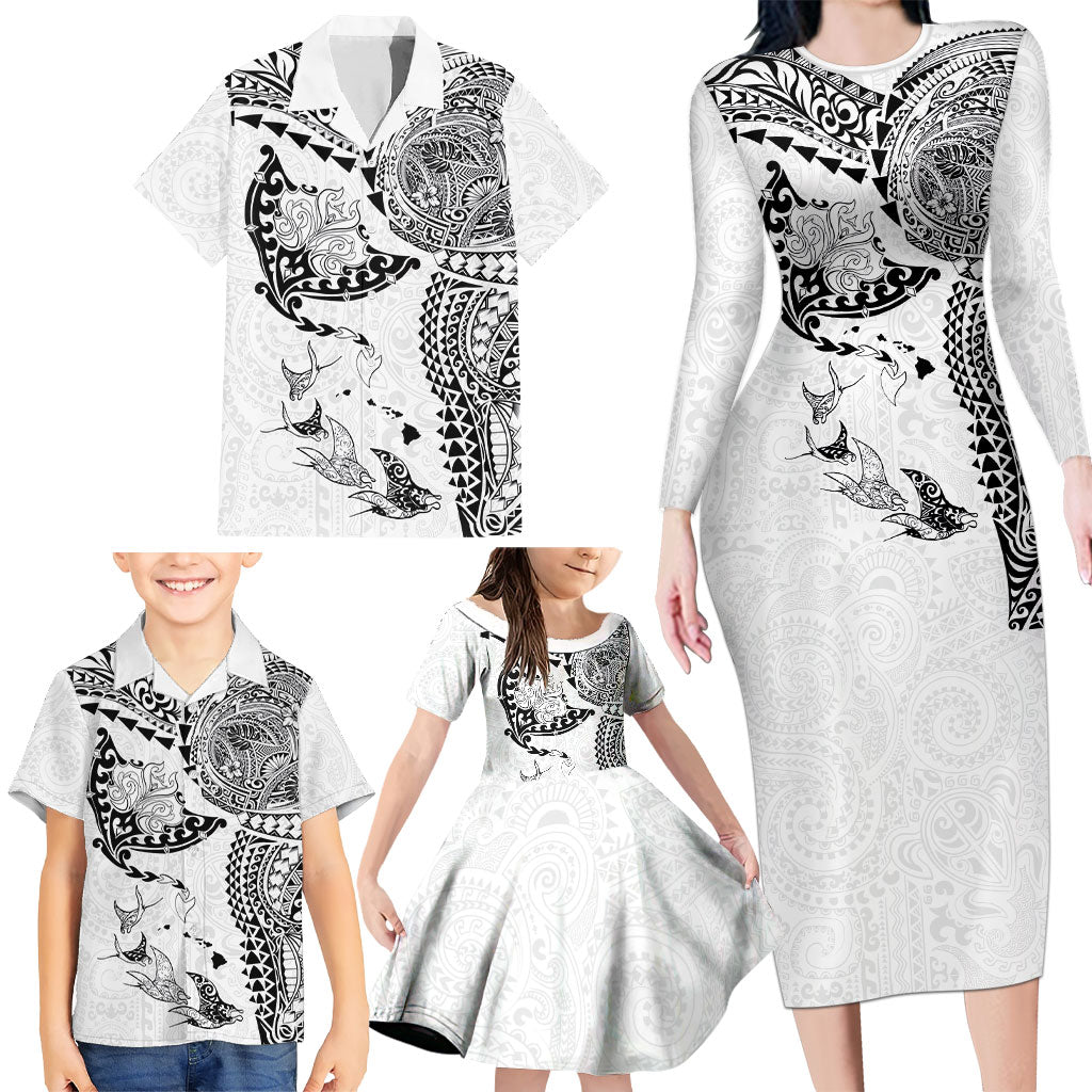 Hawaiian Manta Ray Tribal Family Matching Long Sleeve Bodycon Dress and Hawaiian Shirt Polynesian Art Motifs White Color