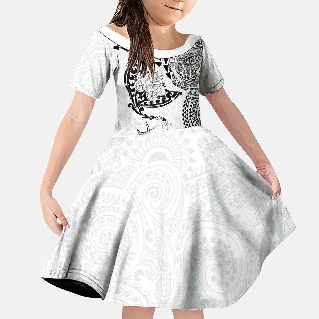 Hawaiian Manta Ray Tribal Family Matching Off Shoulder Maxi Dress and Hawaiian Shirt Polynesian Art Motifs White Color LT03 Daughter's Dress White - Polynesian Pride