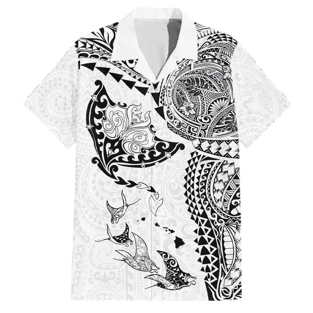 Hawaiian Manta Ray Tribal Family Matching Off Shoulder Maxi Dress and Hawaiian Shirt Polynesian Art Motifs White Color LT03 Dad's Shirt - Short Sleeve White - Polynesian Pride