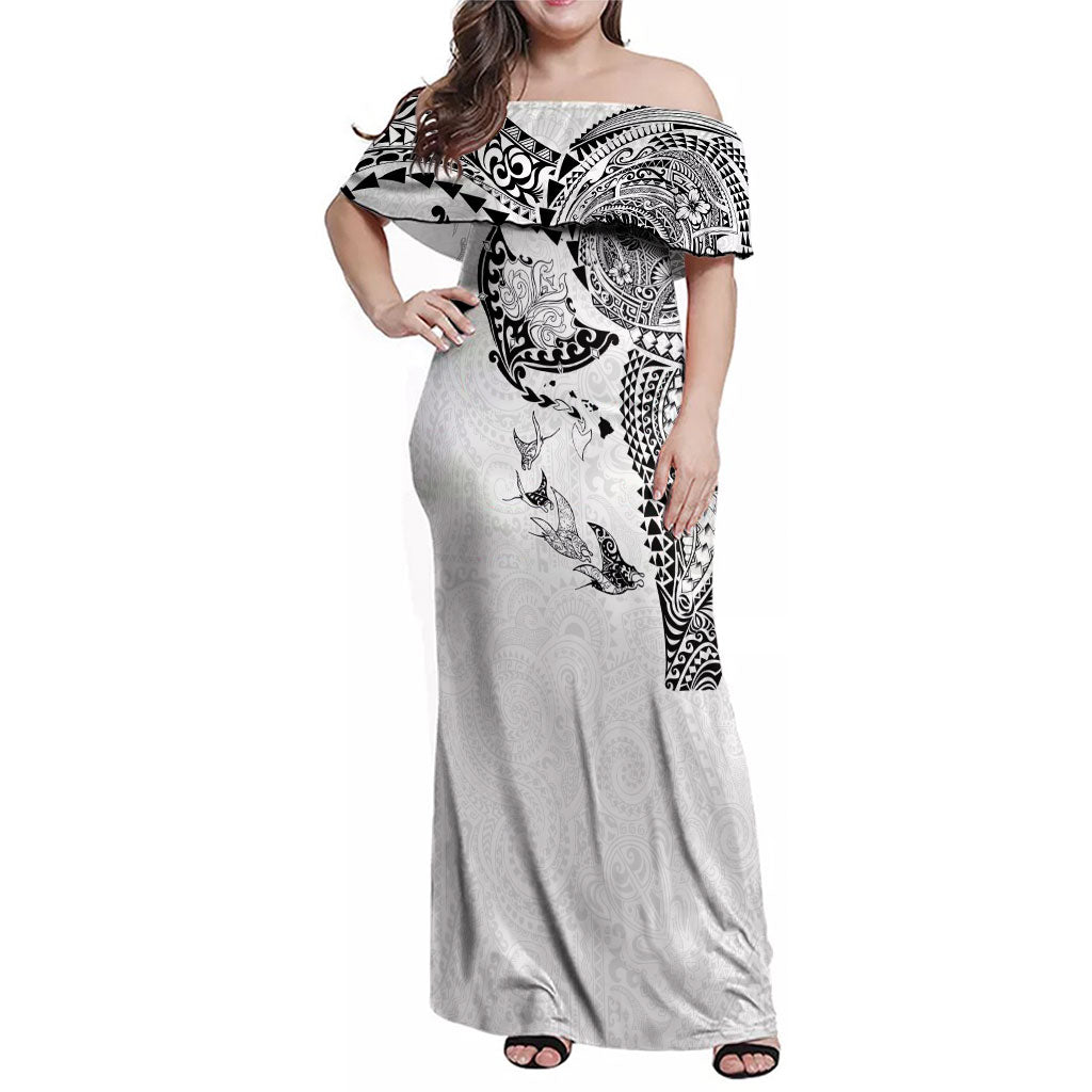 Hawaiian Manta Ray Tribal Family Matching Off Shoulder Maxi Dress and Hawaiian Shirt Polynesian Art Motifs White Color LT03 Mom's Dress White - Polynesian Pride