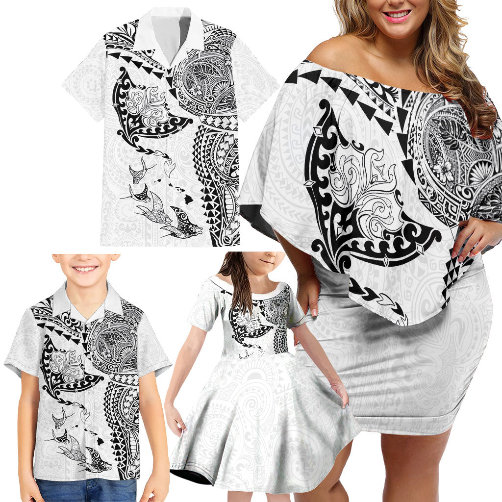 Hawaiian Manta Ray Tribal Family Matching Off Shoulder Short Dress and Hawaiian Shirt Polynesian Art Motifs White Color LT03 - Polynesian Pride