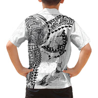 Hawaiian Manta Ray Tribal Family Matching Short Sleeve Bodycon Dress and Hawaiian Shirt Polynesian Art Motifs White Color LT03 - Polynesian Pride