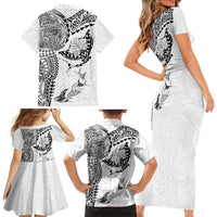 Hawaiian Manta Ray Tribal Family Matching Short Sleeve Bodycon Dress and Hawaiian Shirt Polynesian Art Motifs White Color LT03 - Polynesian Pride