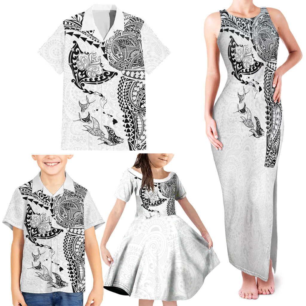 Hawaiian Manta Ray Tribal Family Matching Tank Maxi Dress and Hawaiian Shirt Polynesian Art Motifs White Color LT03 - Polynesian Pride