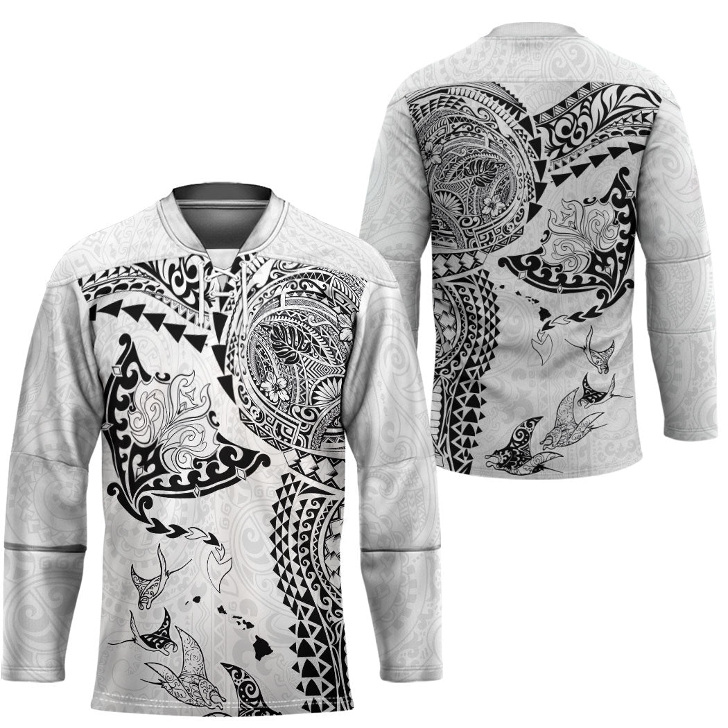 Hawaiian Manta Ray Tribal Hockey Jersey Polynesian Art Motifs White Color