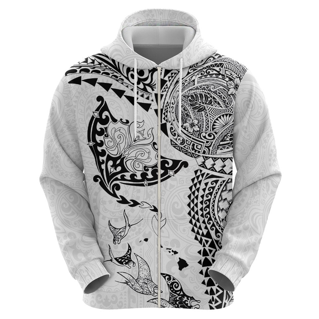 Hawaiian Manta Ray Tribal Hoodie Polynesian Art Motifs White Color