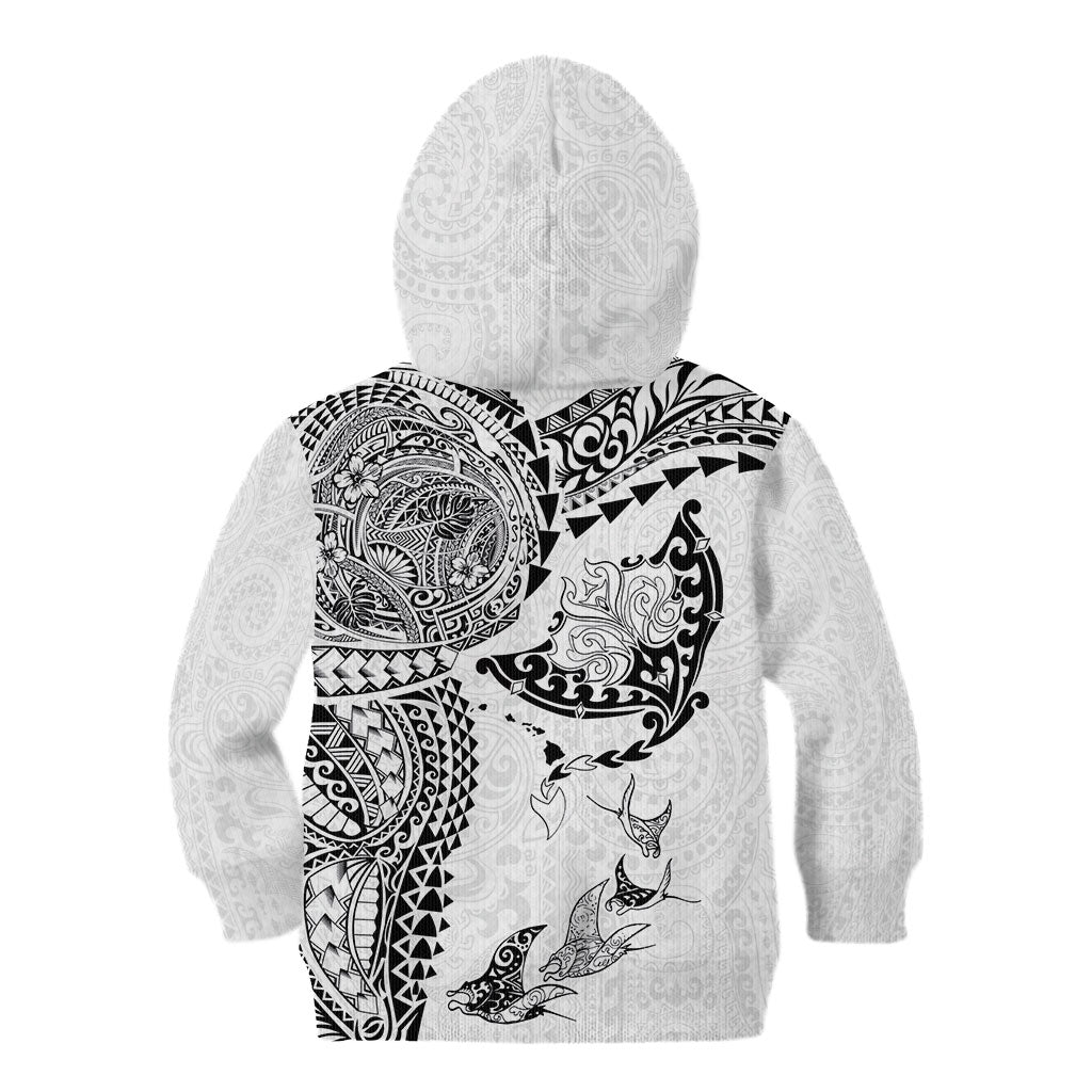 Hawaiian Manta Ray Tribal Kid Hoodie Polynesian Art Motifs White Color