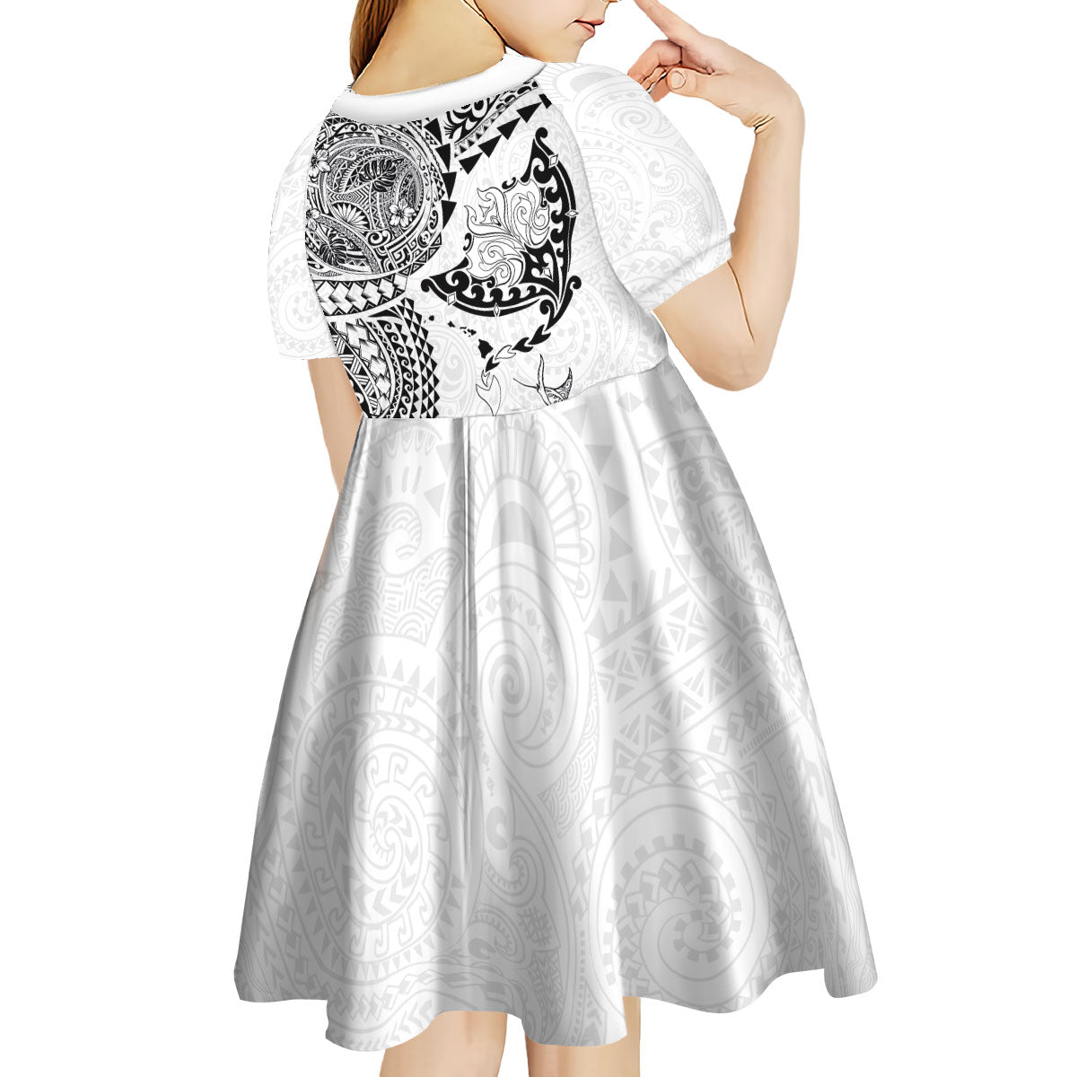 Hawaiian Manta Ray Tribal Kid Short Sleeve Dress Polynesian Art Motifs White Color