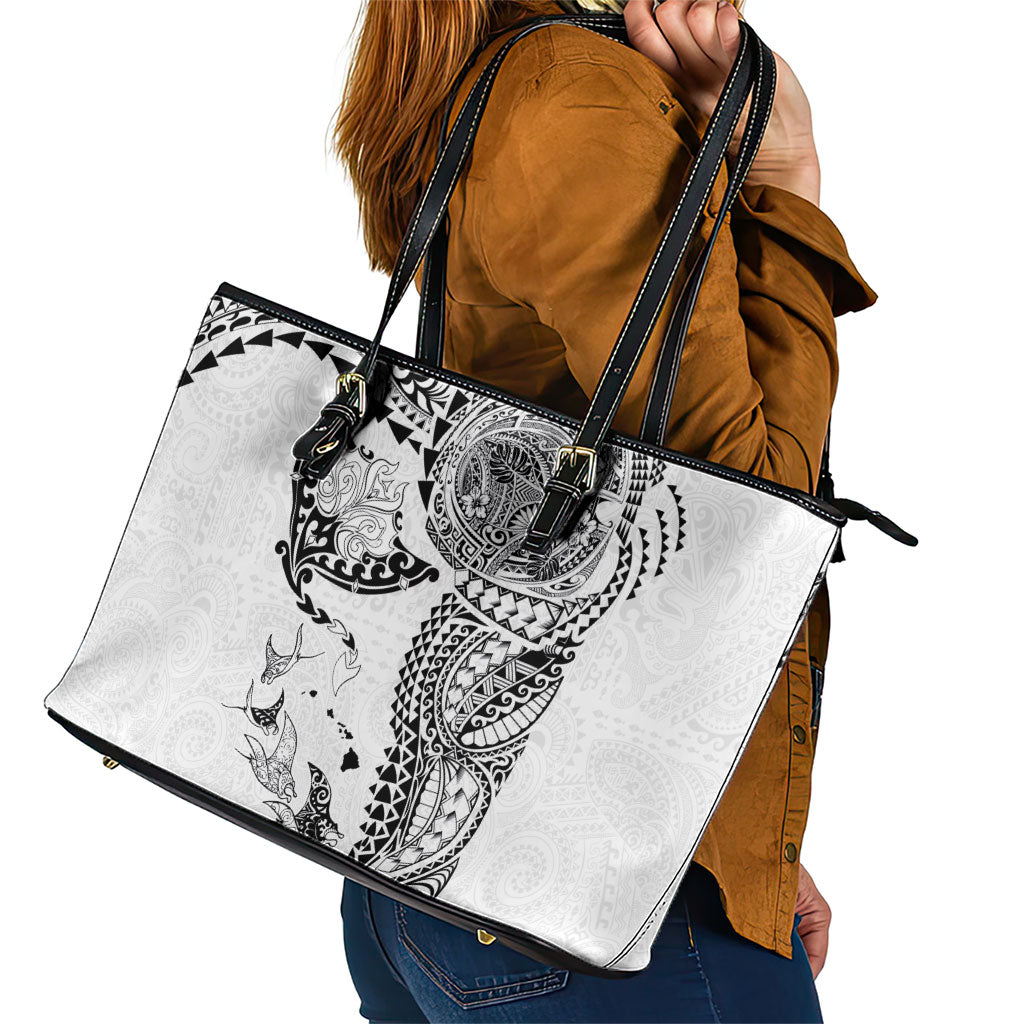 Hawaiian Manta Ray Tribal Leather Tote Bag Polynesian Art Motifs White Color