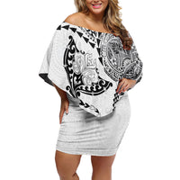 Hawaiian Manta Ray Tribal Off Shoulder Short Dress Polynesian Art Motifs White Color