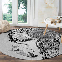 Hawaiian Manta Ray Tribal Round Carpet Polynesian Art Motifs White Color
