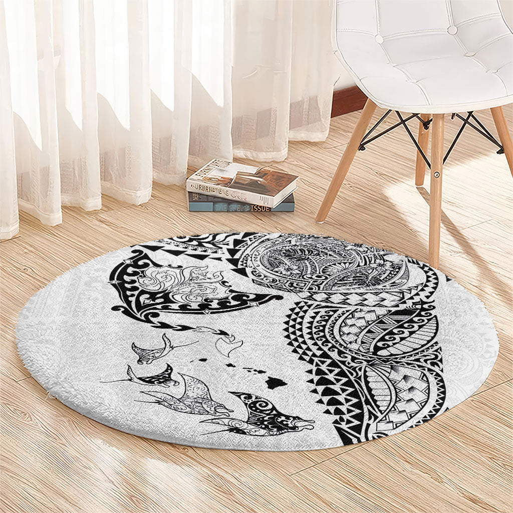 Hawaiian Manta Ray Tribal Round Carpet Polynesian Art Motifs White Color