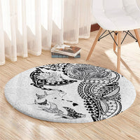 Hawaiian Manta Ray Tribal Round Carpet Polynesian Art Motifs White Color