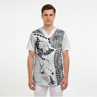 Hawaiian Manta Ray Tribal Scrub Top Polynesian Art Motifs White Color