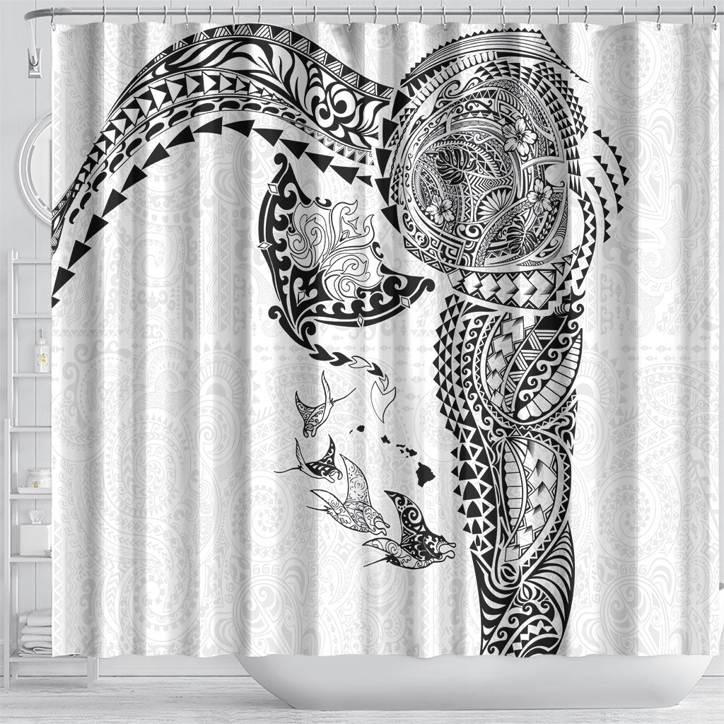 Hawaiian Manta Ray Tribal Shower Curtain Polynesian Art Motifs White Color