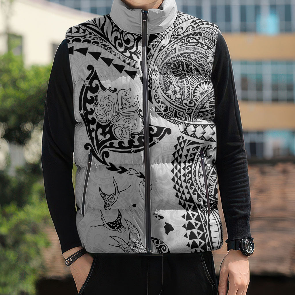 Hawaiian Manta Ray Tribal Sleeveless Puffer Jacket Polynesian Art Motifs White Color