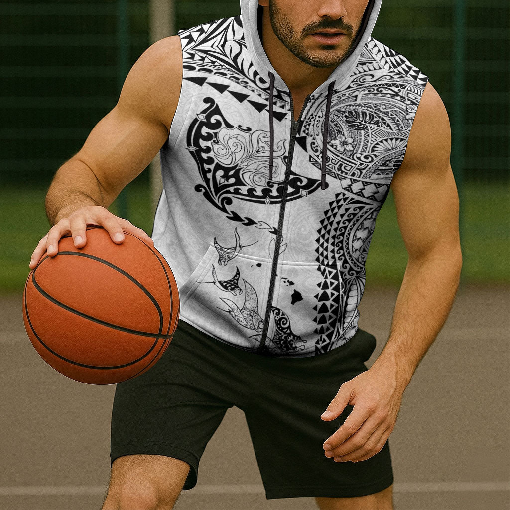 Hawaiian Manta Ray Tribal Sleeveless Zip Hoodie Polynesian Art Motifs White Color