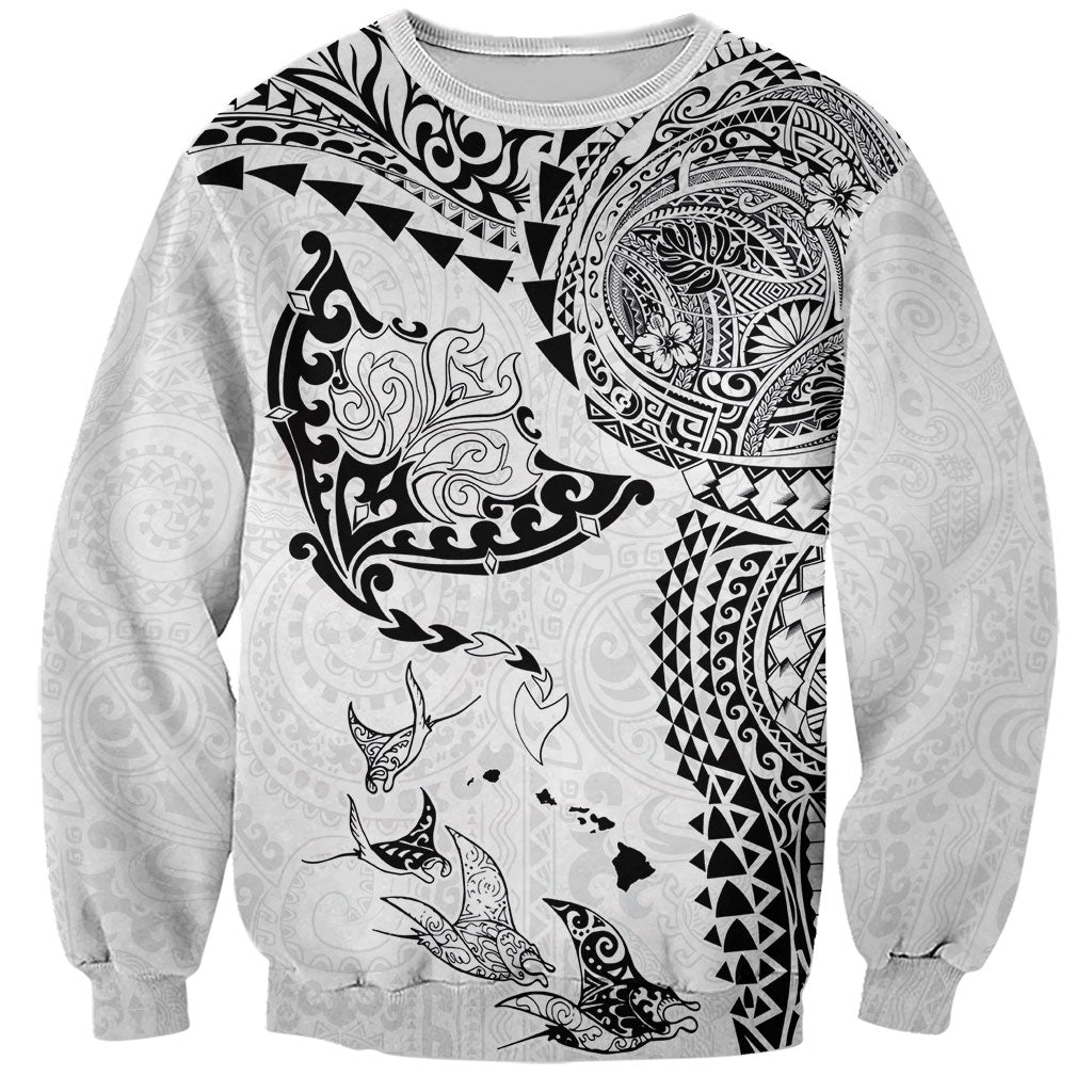 Hawaiian Manta Ray Tribal Sweatshirt Polynesian Art Motifs White Color