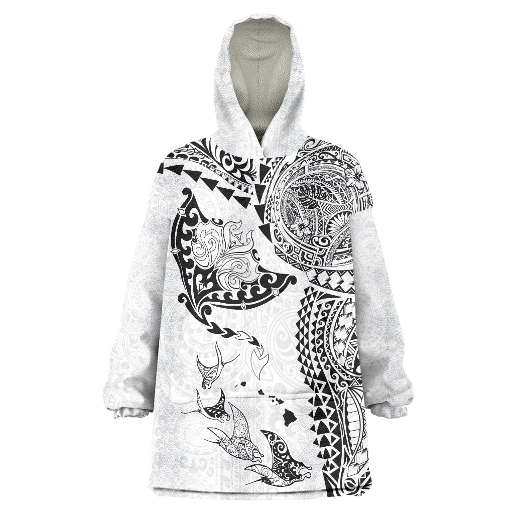 Hawaiian Manta Ray Tribal Wearable Blanket Hoodie Polynesian Art Motifs White Color