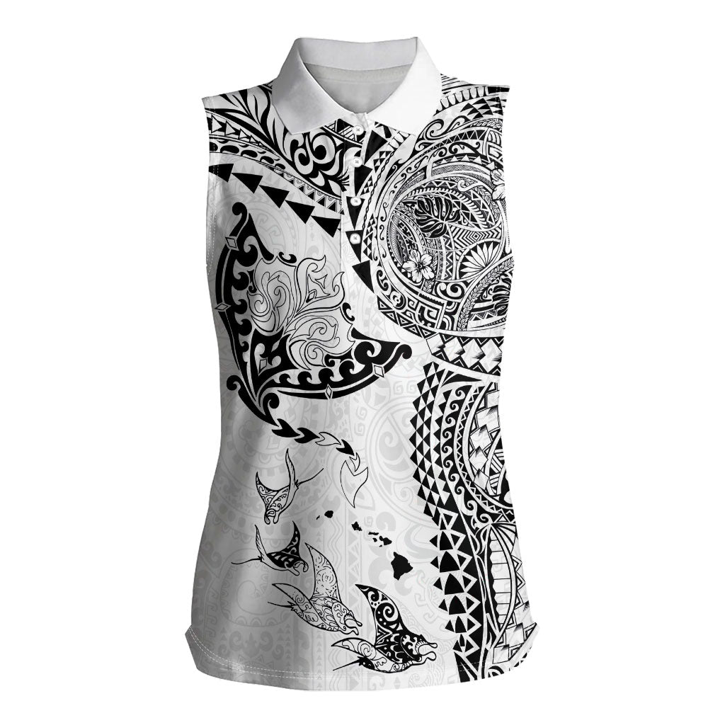 Hawaiian Manta Ray Tribal Women Sleeveless Polo Shirt Polynesian Art Motifs White Color LT03 Female White - Polynesian Pride