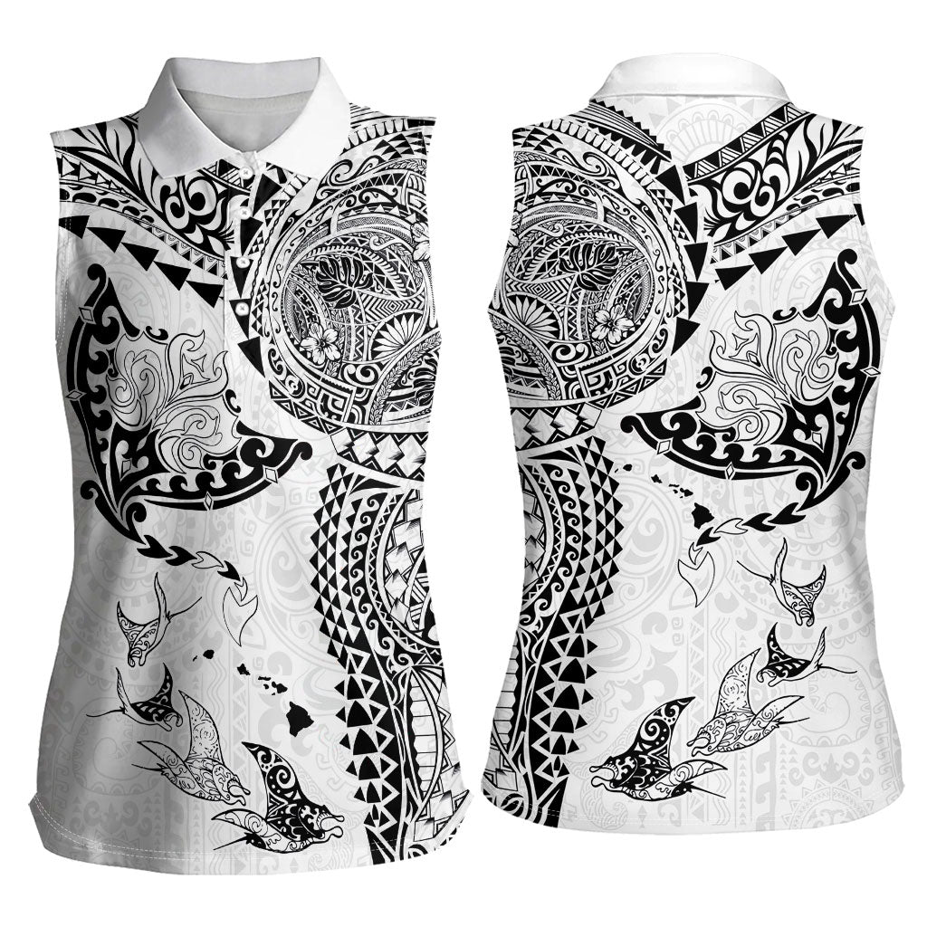 Hawaiian Manta Ray Tribal Women Sleeveless Polo Shirt Polynesian Art Motifs White Color LT03 - Polynesian Pride