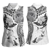 Hawaiian Manta Ray Tribal Women Sleeveless Polo Shirt Polynesian Art Motifs White Color LT03 - Polynesian Pride