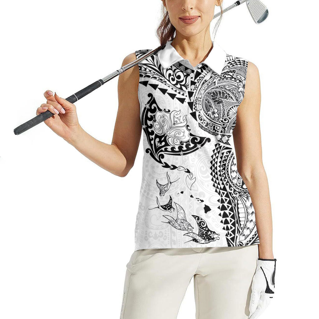 Hawaiian Manta Ray Tribal Women Sleeveless Polo Shirt Polynesian Art Motifs White Color LT03 - Polynesian Pride
